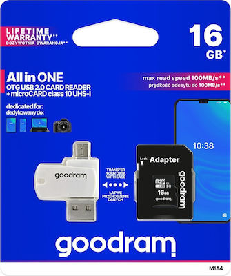 GoodRAM Μ1Α4 microSDHC 16GB Klasse 10 U1 UHS-I mit USB-Lesegerät