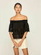 Pepe Jeans Women's Summer Blouse Cotton Off-Shoulder Short Sleeve Black