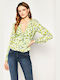 Guess Damen Sommer Bluse Langärmelig mit V-Ausschnitt Blumen Grün
