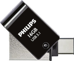 Philips 2-in-1 16GB USB 3.1 Stick cu conexiune USB-C Negru