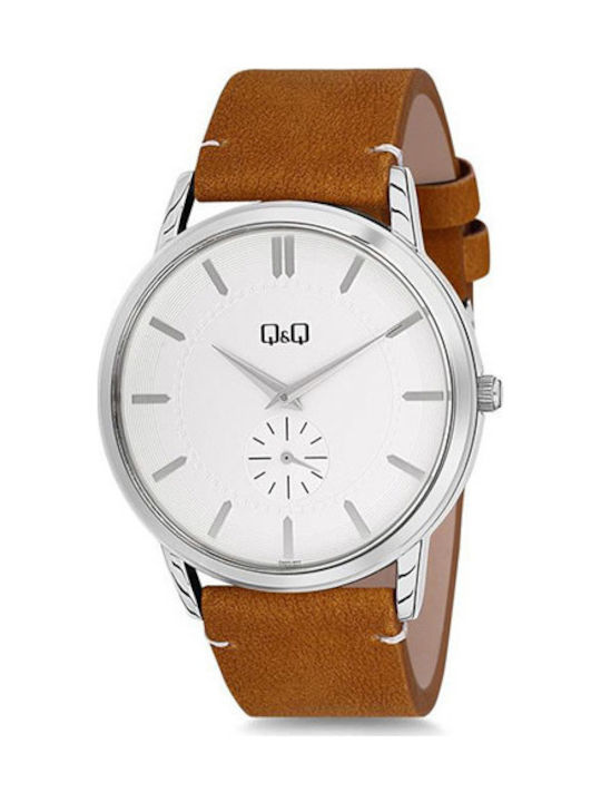 Q&Q Watch Battery with Brown Leather Strap QA60...