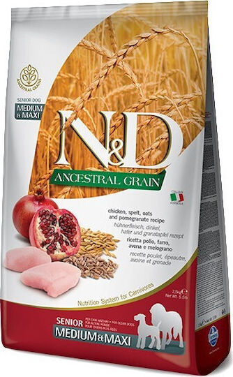 Farmina N&D Ancestral Grain Senior Medium & Maxi 2.5kg Trockenfutter mit wenig Getreide für ältere Hunde mittlerer & großer Rassen mit Huhn und Granatapfel