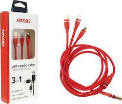 AMiO Braided USB to Lightning / Type-C / micro USB Cable Κόκκινο 1.2m