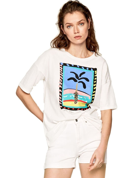 Pepe Jeans Lali Beach Drawing Damen Sportlich T-shirt Optic White