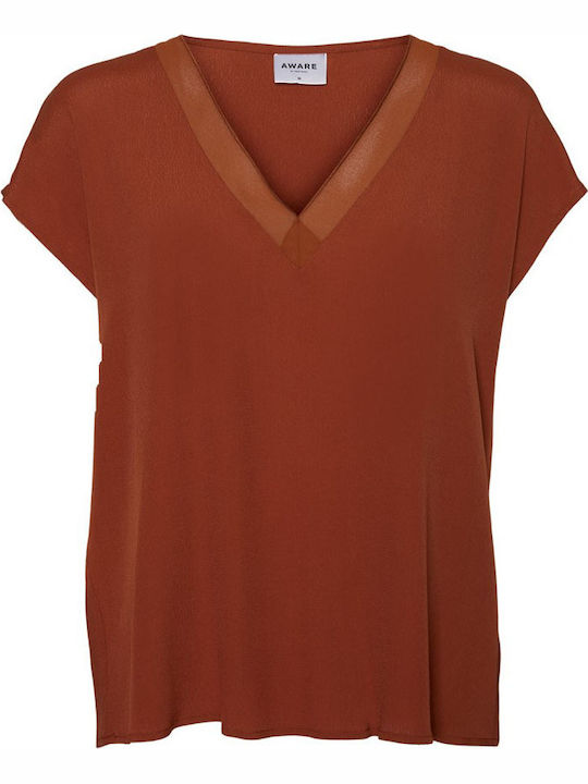 Vero Moda Women's Summer Blouse Short Sleeve with V Neckline Brown