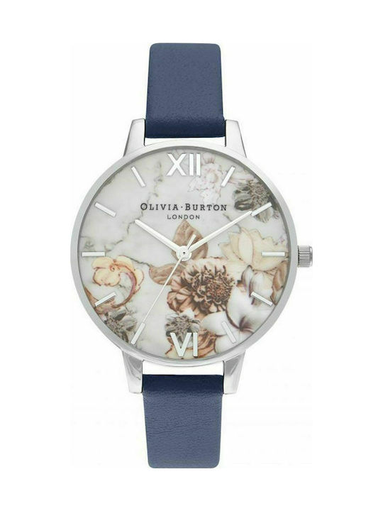 Olivia Burton Marble Florals Watch with Blue Leather Strap