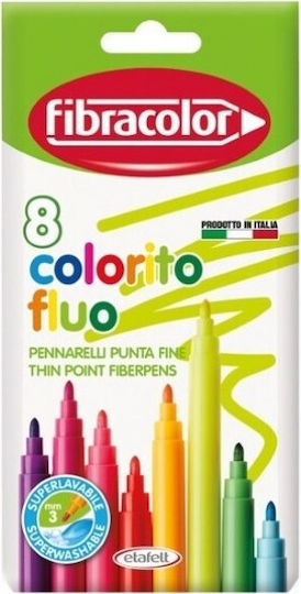 Fibracolor Colorito Fluo Μαρκαδόροι Ζωγραφικής 3mm Λεπτοί, Πλενόμενοι, Neon Σετ 8 χρώματα