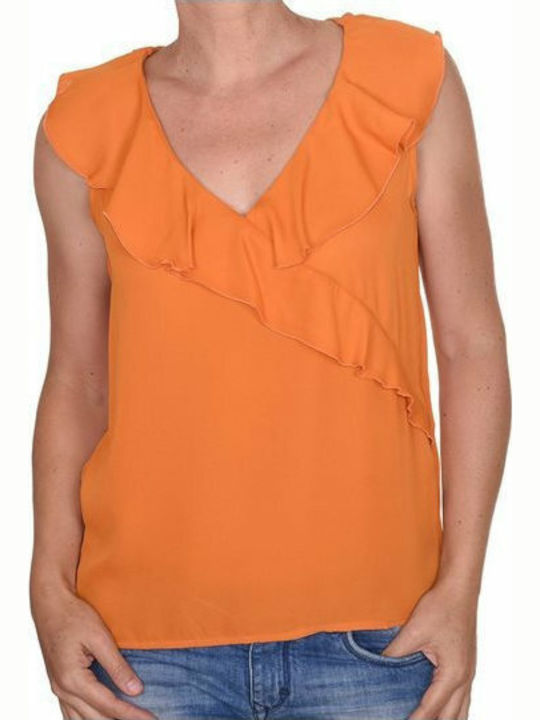 Only Women's Summer Blouse Sleeveless with V Neckline Orange