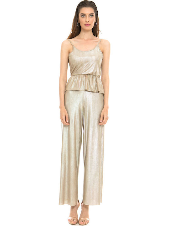 Women's Fabric Trousers with Elastic in Loose Fit Gold