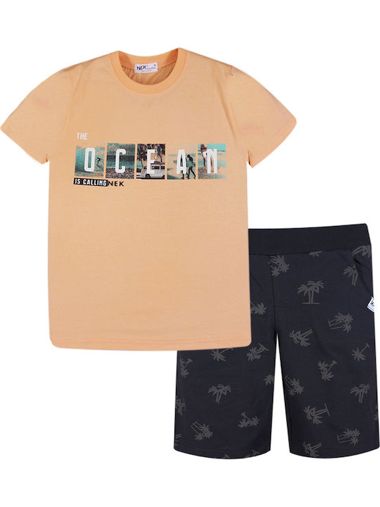 Nek Kids Wear Kids Set with Shorts Summer 2pcs Orange Σετ Βερούδα Με Μπλουζάκι 'Ocean'