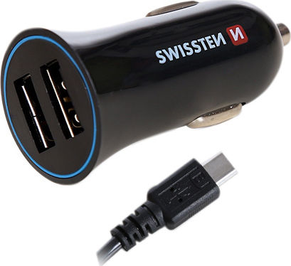 Swissten Încărcător Auto 12W 2.4A cu Porturi: 2xUSB împreună cu Cablu Type-C Negru Culoare