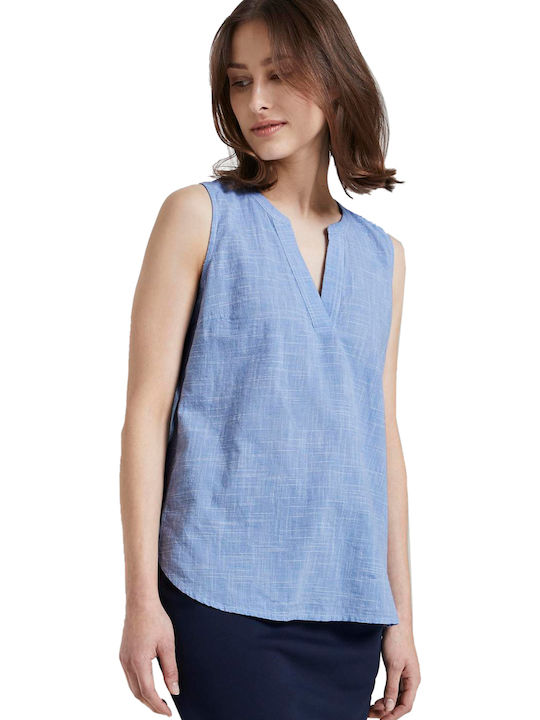 Tom Tailor Women's Summer Blouse Cotton Sleeveless with V Neckline Light Blue