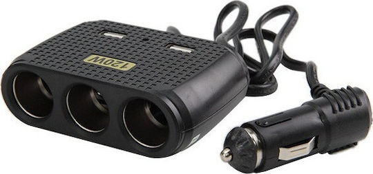 Car Charger Black Total Intensity 1A with Ports: 2xUSB 3xCigarette Lighter