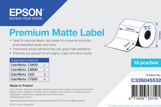 Epson Premium Matte 440 Self-Adhesive Label Rolls for Label Printer 102x76mm 1pcs