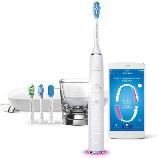 Philips Sonicare DiamondClean 9500 Periuță de dinți electrică cu Senzor de Presiune și Husă de Călătorie Albă