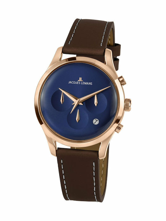 Jacques Lemans Retro Classic Ανδρικό Ρολόι 38mm Μπαταρίας με Καφέ Δερμάτινο Λουράκι