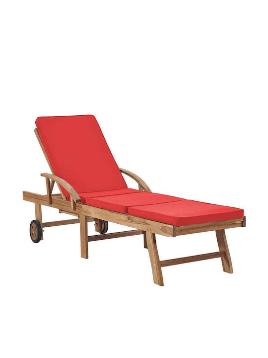 Deckchair Wooden with Cushion & Wheels Brown 195x59.5x35cm.