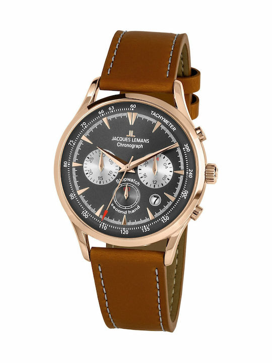 Jacques Lemans Retro Classic Ανδρικό Ρολόι 41mm Χρονογράφος Μπαταρίας με Καφέ Δερμάτινο Λουράκι