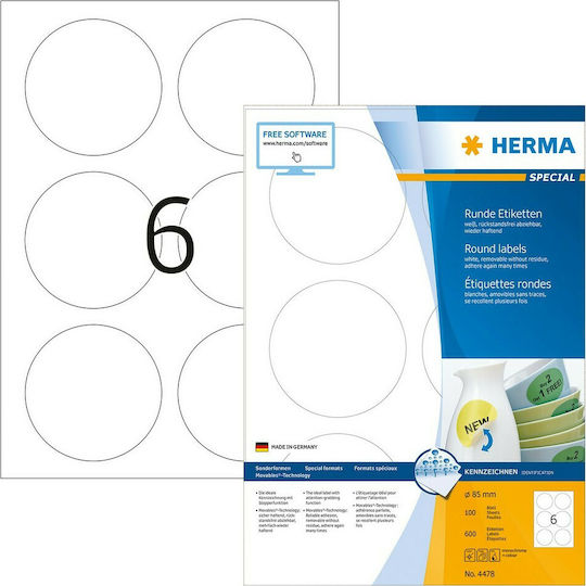 Herma 600 Self-Adhesive Round A4 Labels 85mm