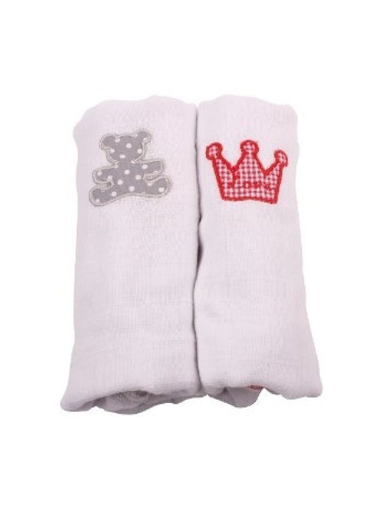 Minene Embroidery Muslin Swaddle Wraps White 70x70cm. 2pcs