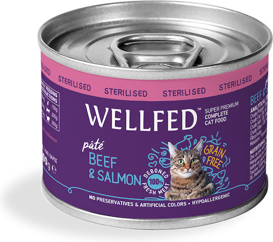 Wellfed Sterilised Wet Food for Adult Cats in Cans with Calf and Salmon Grain-Free 200gr