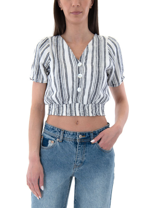 Only Summer Women's Linen Blouse Short Sleeve with V Neckline White