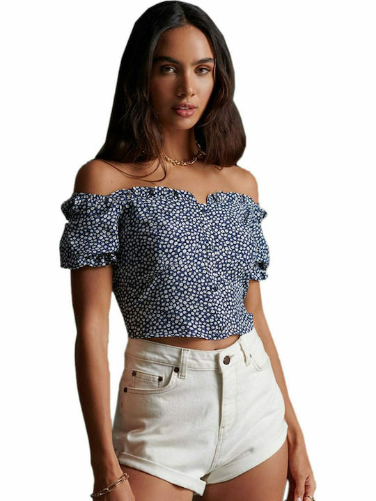 Superdry Quincy Summer Damen Sommer Crop Top Schulterfrei Kurzarm Blumen Marineblau