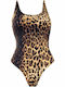 Rock Club BP4032 One-Piece Swimsuit with Open Back Animal Print Brown