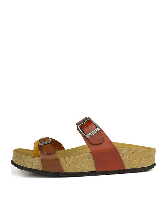 Plakton Leather Women's Flat Sandals In Tabac Brown Colour