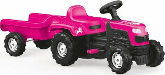 Tractor pentru copii Unicorn De la picior la podea cu caruta si pedala Roz