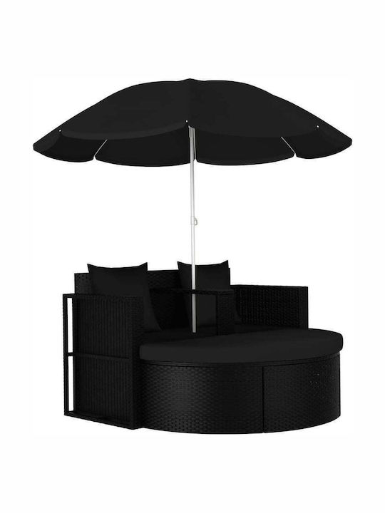 Liegestuhl-Bett Doppel Rattan mit Kissen & Sonnenschirm Schwarz 130x58x77cm.