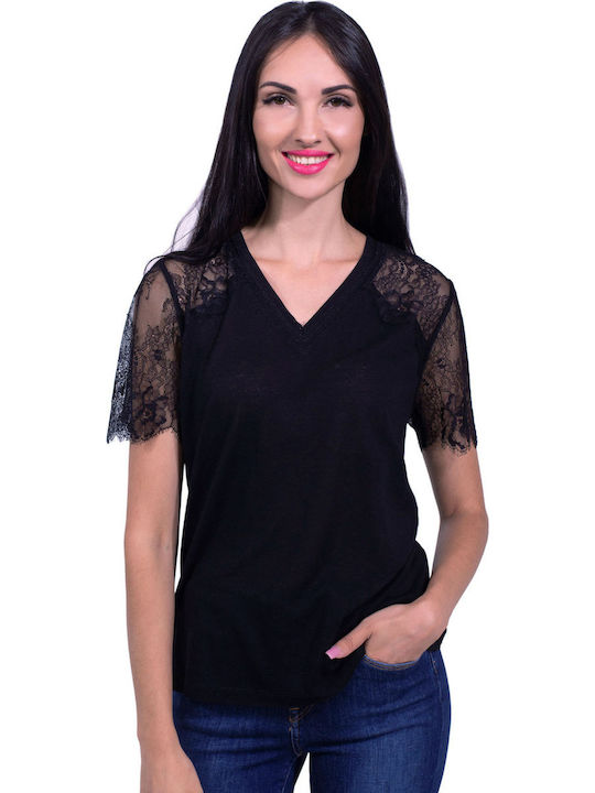 Guess Women's Summer Blouse Short Sleeve with V Neckline Black