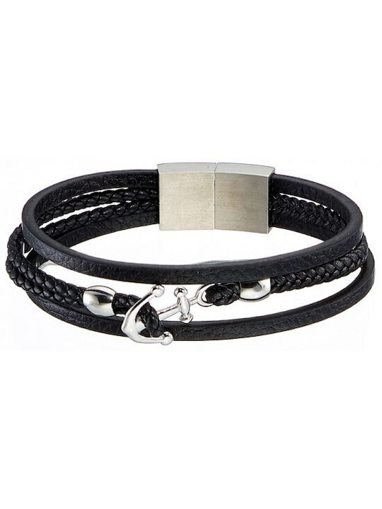 Black Men's Leather Bracelet with Steel Decorative-407