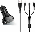 Usams Car Charger Black C13 Total Intensity 2.1A Fast Charging with Ports: 2xUSB with Cable Lightning / Micro-USB / Type-C