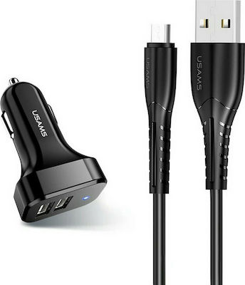 Usams Autoladegerät Schwarz C13 Gesamtleistung 2.1A Schnellladung mit Anschlüssen: 2xUSB inklusive Kabel Mikro-USB