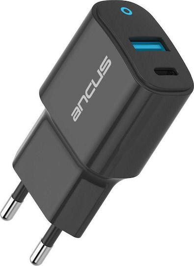 Ancus Φορτιστής Χωρίς Καλώδιο με Θύρα USB-A και Θύρα USB-C 18W Power Delivery Μαύρος (73083)