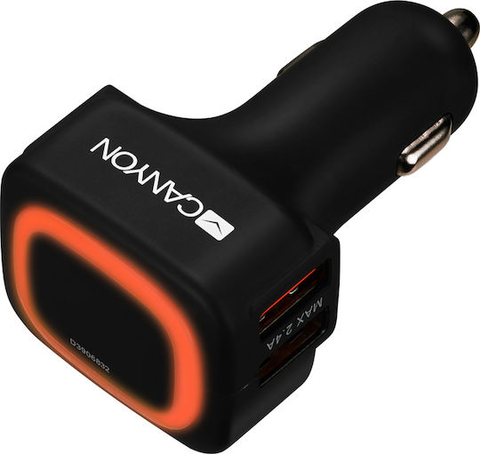 Canyon Автомобилен Заряден Устройство 4.8A с Портове 2xUSB-A Черен Цвят