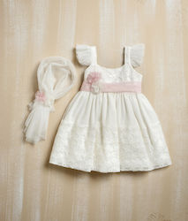 Lollipop Celebrations Ecru Baptism Outfit with Dress , Hair Accessories & Cardigan 3pcs