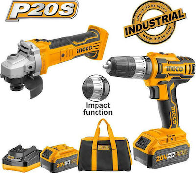 Ingco Set Angle Wheel & Drill Driver 20V with 2 4Ah Batteries and Case with Πλαϊνή λαβή, Κλειδί