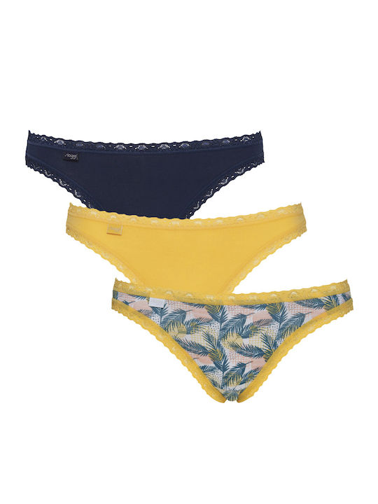 24/7 Weekend Tanga Βαμβακερά Women's Slip 3Pack with Lace Blue/Yellow