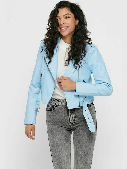 Only Women's Short Biker Artificial Leather Jacket for Spring or Autumn Cashmere Blue