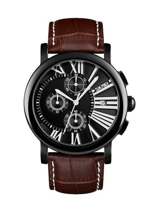 Skmei Watch Chronograph Battery with Brown Leather Strap