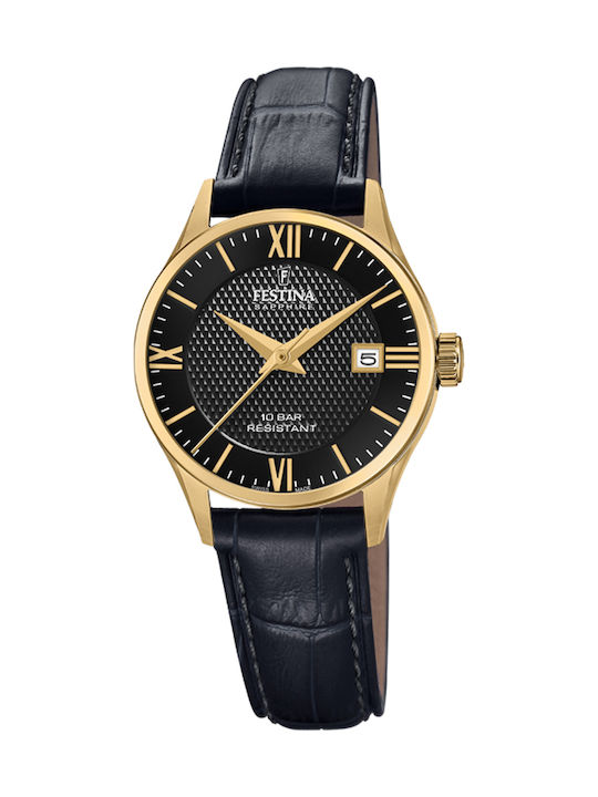 Festina Retro Damen Uhr mit Schwarz Lederarmband