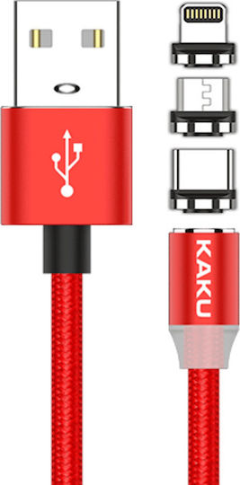 Kakusiga KSC-320 Braided / Magnetic Cablu USB la Lightning / Type-C / micro USB cu mai multe porturi 3A Roșu 1m
