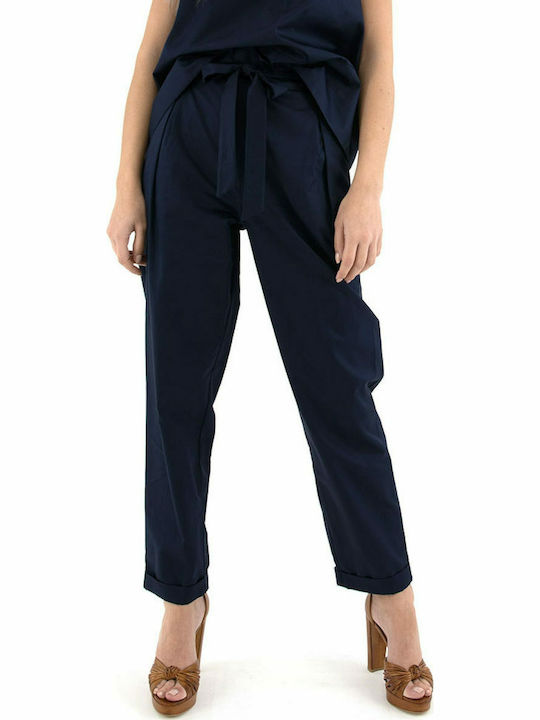 Moutaki Women's High-waisted Cotton Trousers Navy Blue