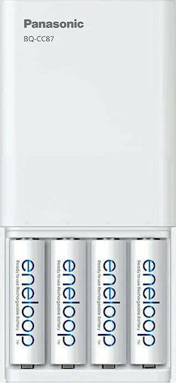 Panasonic Eneloop Smart & Quick BQ-CC87 USB Ladegerät 4 Batterien Ni-MH Größe AA/AAA Set mit 4x AA 1900 mAh in Weiß Farbe
