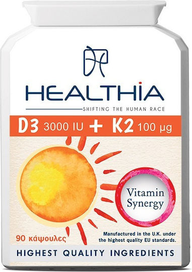 Healthia D3 3000iu & K2 100mg Πολυβιταμίνη για Ενίσχυση του Ανοσοποιητικού & την Υγεία των Οστών 3000iu 100mg 90 κάψουλες