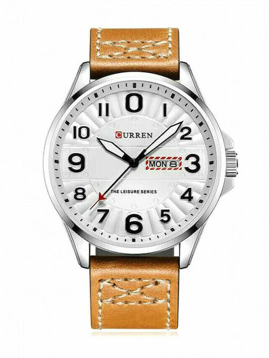 Curren Ανδρικό Ρολόι 45mm Μπαταρίας με Καφέ Δερμάτινο Λουράκι