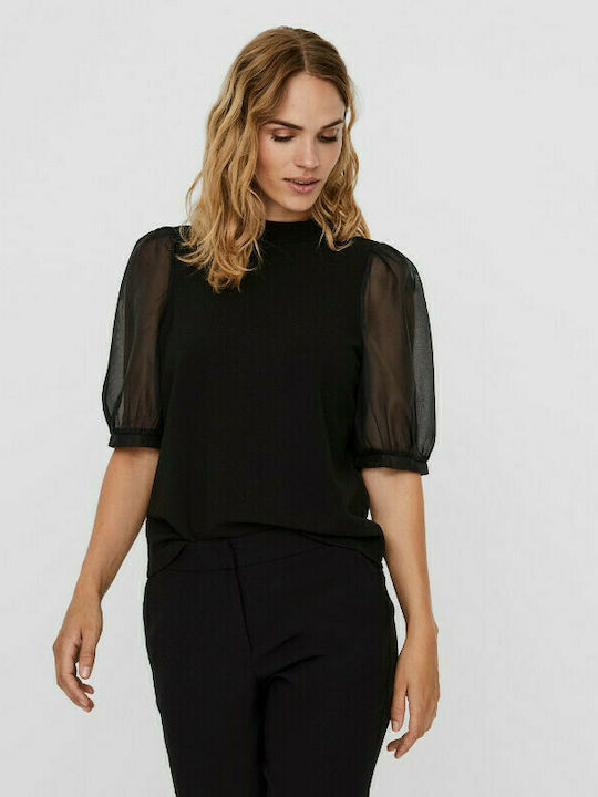 Vero Moda Damen Sommer Bluse Kurzärmelig Schwarz