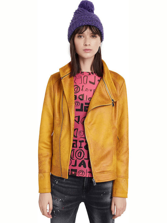 Sven Women's Short Biker Artificial Leather Jacket for Winter Yellow